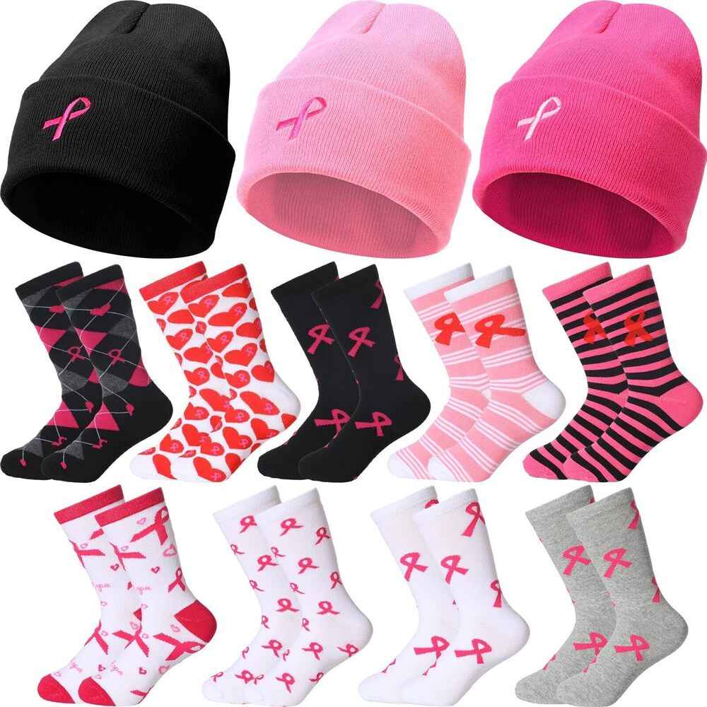 4602 12 Pcs Breast Cancer Awareness Beanie Socks Set Stretchy Pink Ribbon
